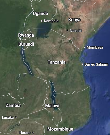 Satellite map of Tanzania showing borders with Kenya, Uganda, Rwanda, Burundi, Zambia, Malawi, and Mozambique